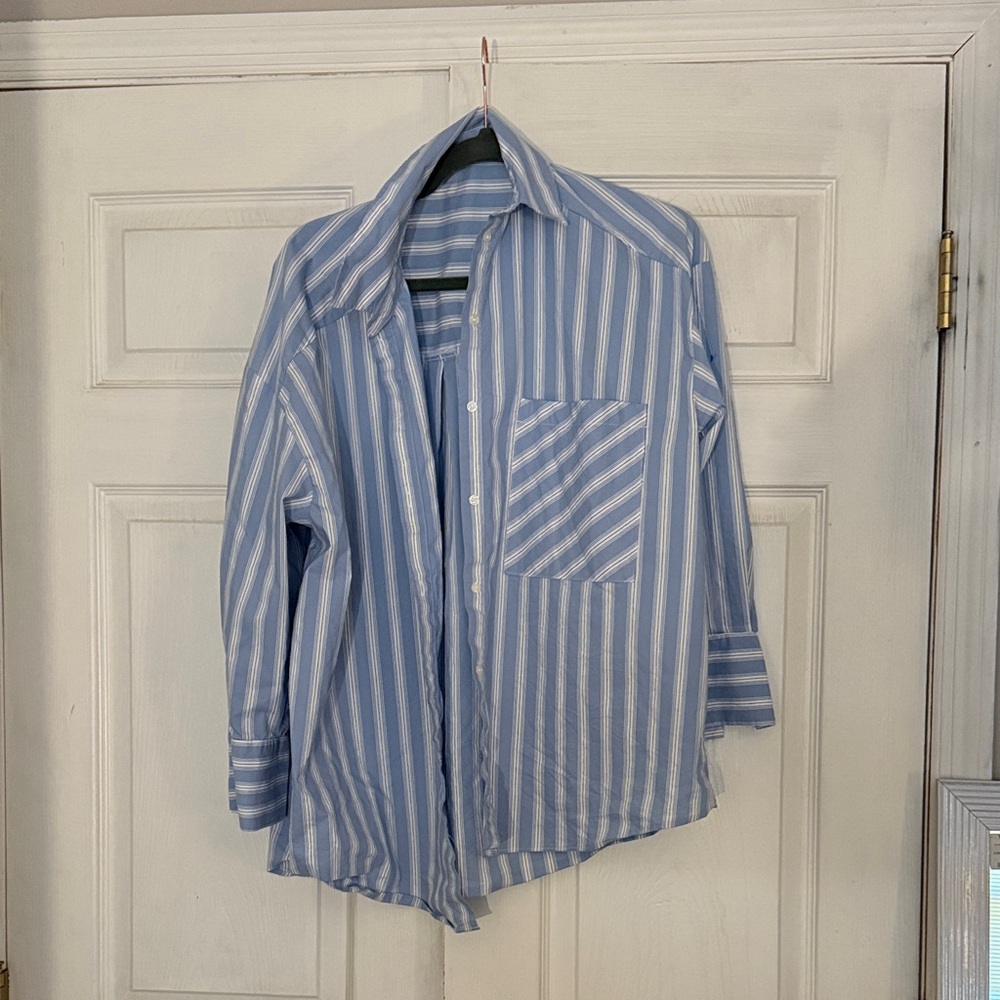 Zara Blue and White Striped Oversized Button Down